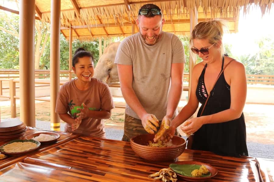 Samui: Elephant Nutrition and Care Education Experience - The food-prep demo: bananas, pumpkin, sticky rice, and herbs